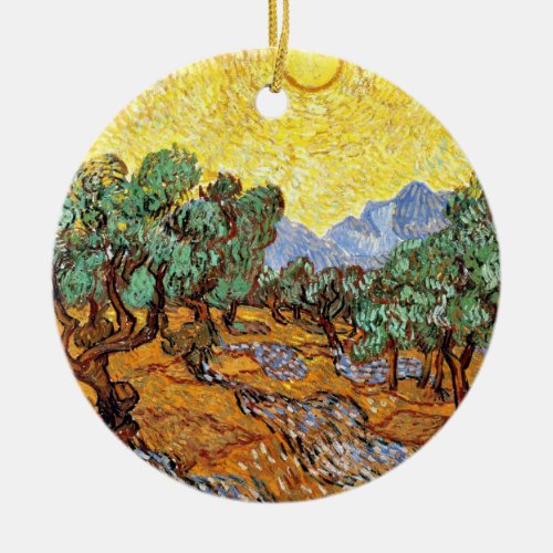 Van Gogh Olive Trees with Yellow Sky and Sun Ceramic Ornament
