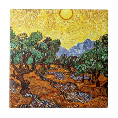 Van Gogh _ Olive Trees with Yellow Sky and Sun Ceramic Tile