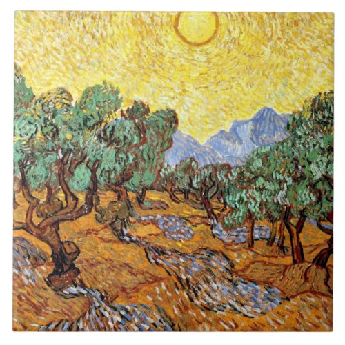 Van Gogh Olive Trees with Yellow Sky and Sun Ceramic Tile