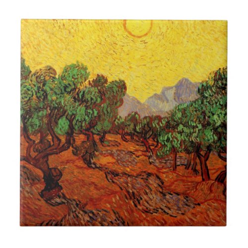 Van Gogh Olive Trees with Yellow Sky and Sun Ceramic Tile