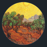 Van Gogh Olive Trees with Yellow Sky and Sun Classic Round Sticker<br><div class="desc">Olive Trees with Yellow Sky and Sun by Vincent van Gogh is a vintage fine art post impressionism landscape nature painting. A farming scene with a grove of fruit trees on a hot and sunny summer day. It is one of over a dozen landscapes of olive trees that van Gogh...</div>