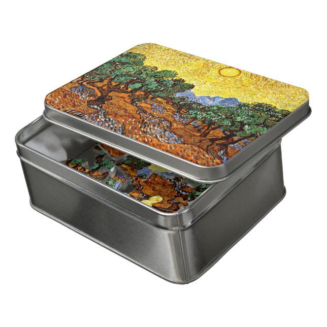 Van Gogh - Olive Trees with Yellow Sky and Sun Jigsaw Puzzle (Lid Open)