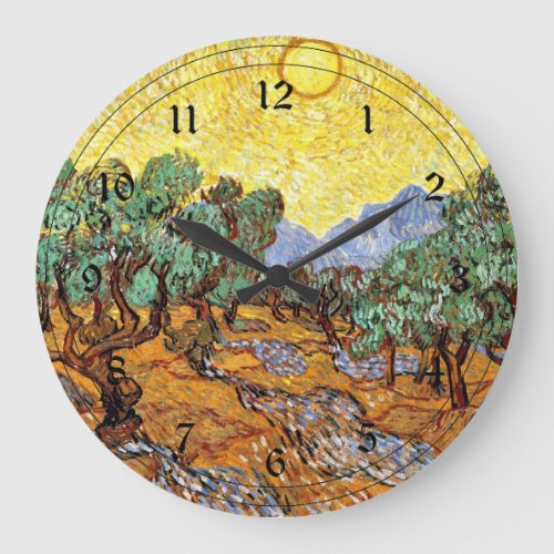 Van Gogh Olive Trees with Yellow Sky and Sun Large Clock