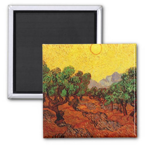 Van Gogh Olive Trees with Yellow Sky and Sun Magnet