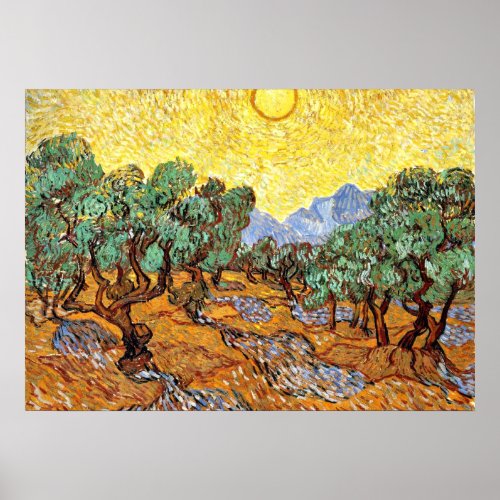 Van Gogh Olive Trees with Yellow Sky and Sun Poster