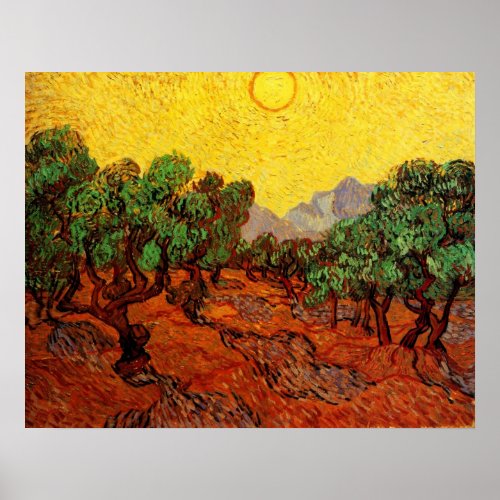 Van Gogh Olive Trees with Yellow Sky and Sun Poster