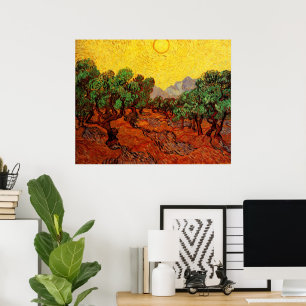 Van Gogh Olive Trees with Yellow Sky and Sun Poster