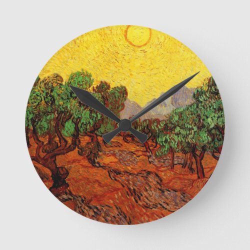 Van Gogh Olive Trees with Yellow Sky and Sun Round Clock