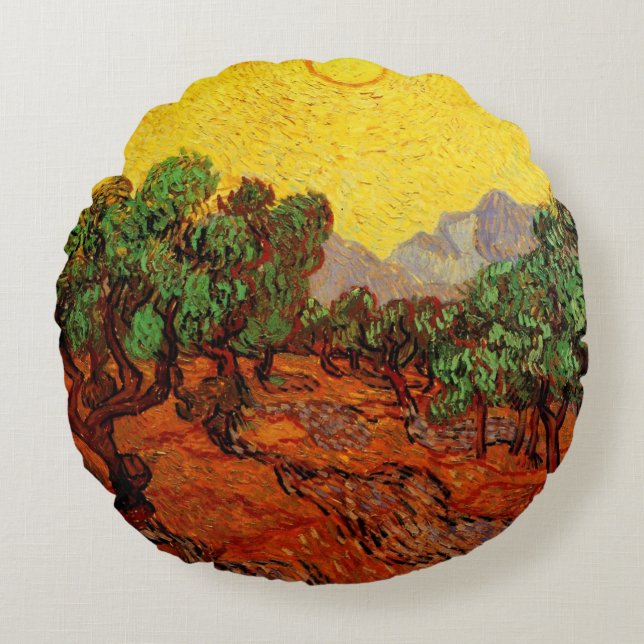 Van Gogh Olive Trees with Yellow Sky and Sun Round Pillow (Front)