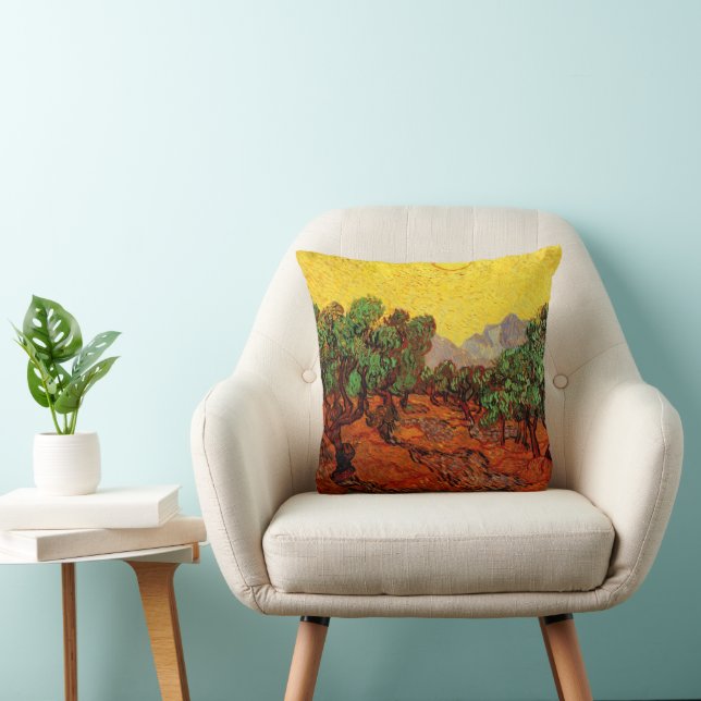 Van Gogh Olive Trees with Yellow Sky and Sun Throw Pillow (Chair)