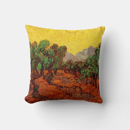 Van Gogh Olive Trees with Yellow Sky and Sun Throw Pillow
