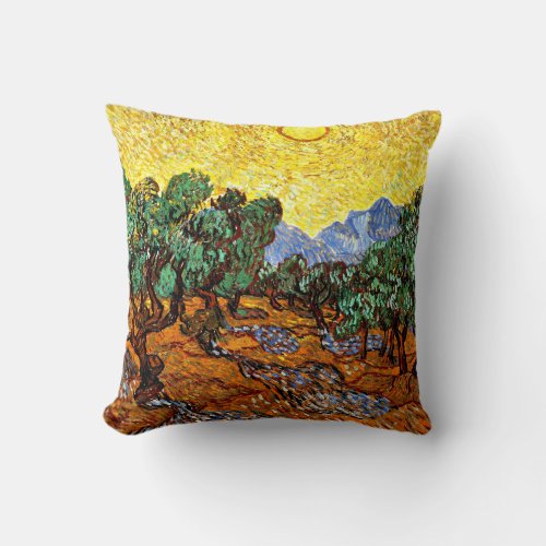 Van Gogh _ Olive Trees with Yellow Sky and Sun Throw Pillow