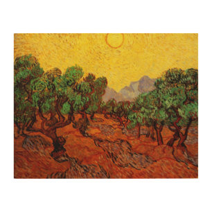 Van Gogh Olive Trees with Yellow Sky and Sun Wood Wall Art