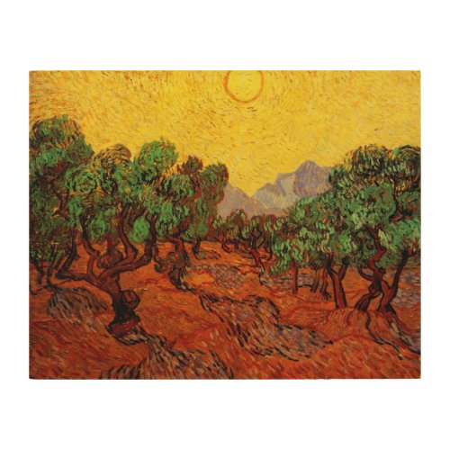 Van Gogh Olive Trees with Yellow Sky and Sun Wood Wall Art