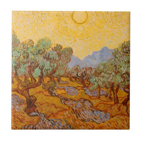 Van Gogh Olive Trees Yellow Sun Sky Ceramic Tile