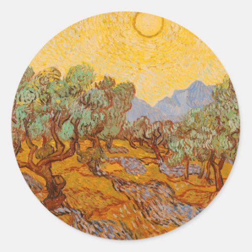 Van Gogh Olive Trees Yellow Sun Sky Classic Round Sticker