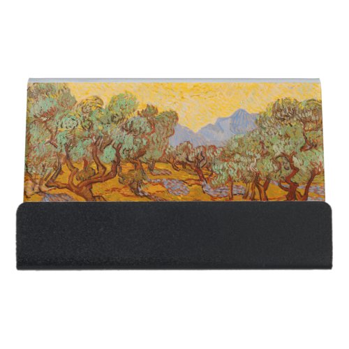 Van Gogh Olive Trees Yellow Sun Sky Desk Business Card Holder