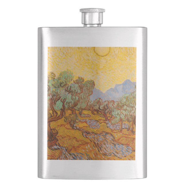 Van Gogh Olive Trees Yellow Sun Sky Flask (Front)