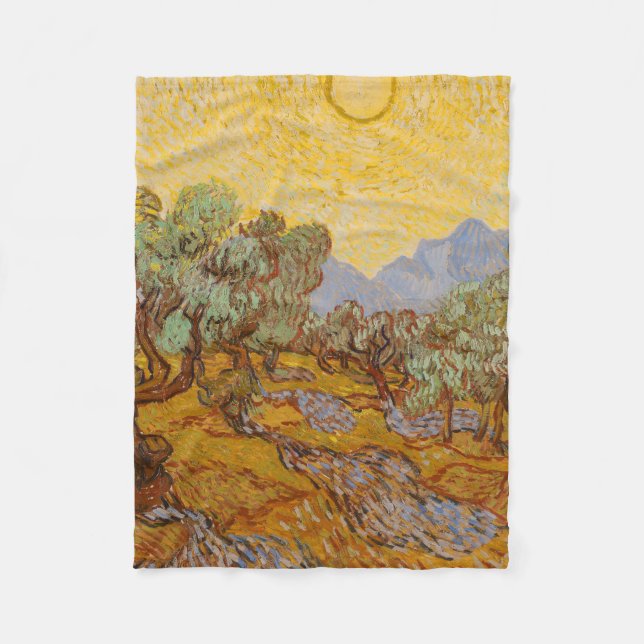 Van Gogh Olive Trees Yellow Sun Sky Fleece Blanket (Front)