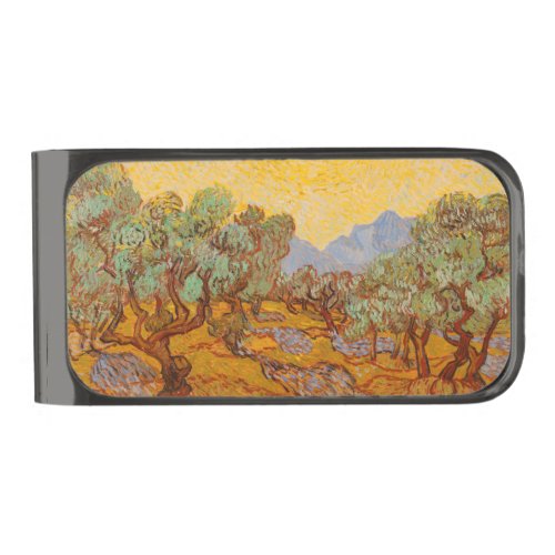 Van Gogh Olive Trees Yellow Sun Sky Gunmetal Finish Money Clip