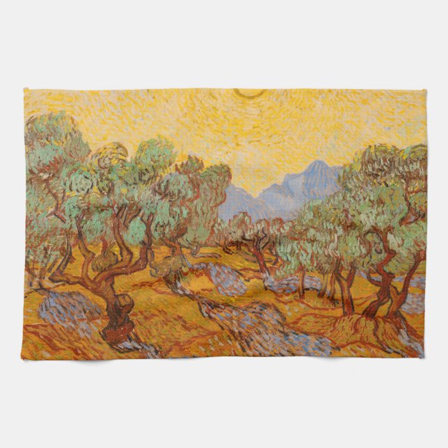 Van Gogh Olive Trees Yellow Sun Sky Kitchen Towel (Horizontal)