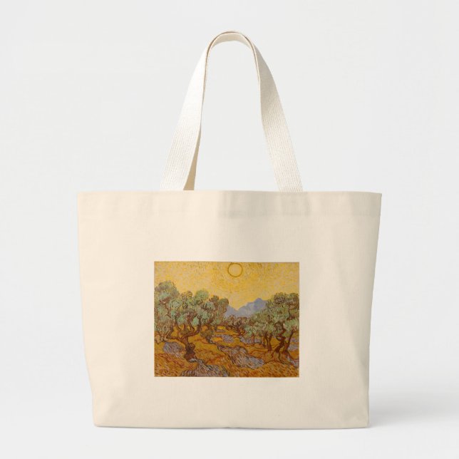 Van Gogh Olive Trees Yellow Sun Sky Large Tote Bag (Front)