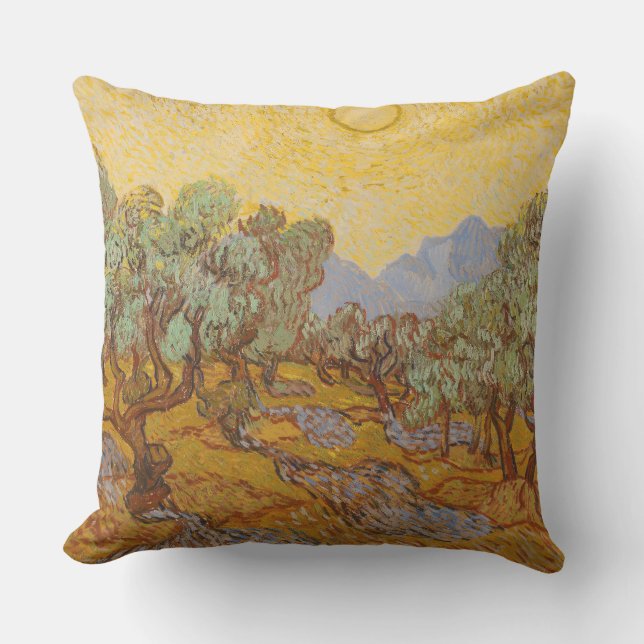 Van Gogh Olive Trees Yellow Sun Sky Outdoor Pillow (Front)