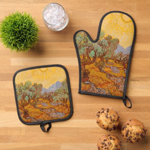 Van Gogh Olive Trees Yellow Sun Sky Oven Mitt  Pot Holder Set