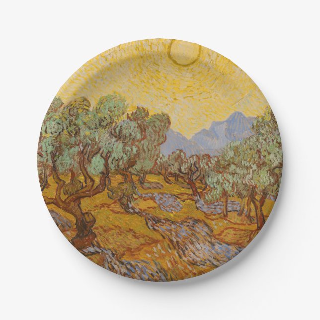 Van Gogh Olive Trees Yellow Sun Sky Paper Plates (Front)