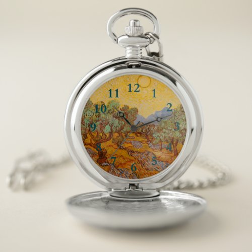 Van Gogh Olive Trees Yellow Sun Sky Pocket Watch