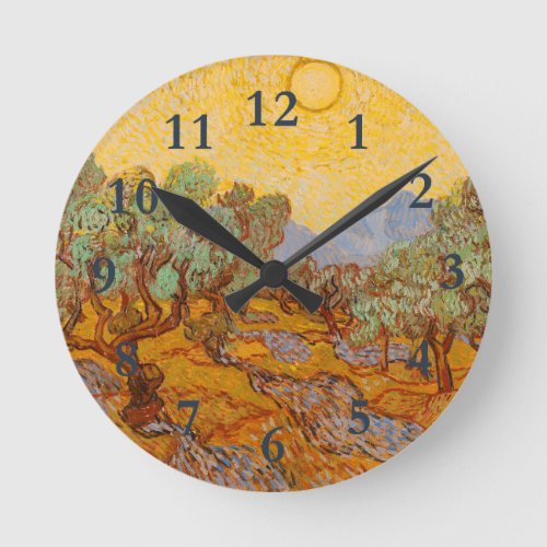 Van Gogh Olive Trees Yellow Sun Sky Round Clock