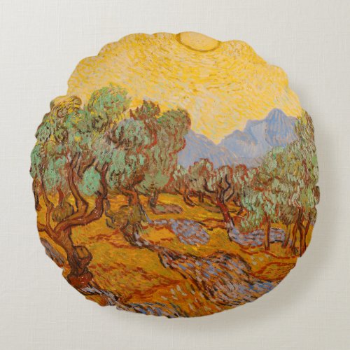 Van Gogh Olive Trees Yellow Sun Sky Round Pillow