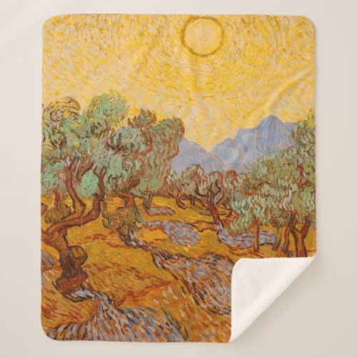 Van Gogh Olive Trees Yellow Sun Sky Sherpa Blanket