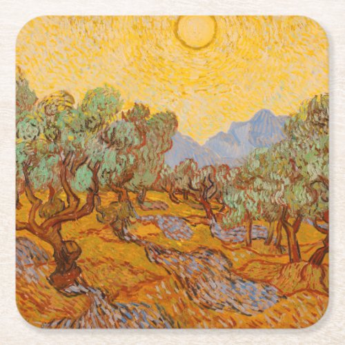 Van Gogh Olive Trees Yellow Sun Sky Square Paper Coaster