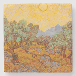 Van Gogh Olive Trees Yellow Sun Sky Stone Coaster