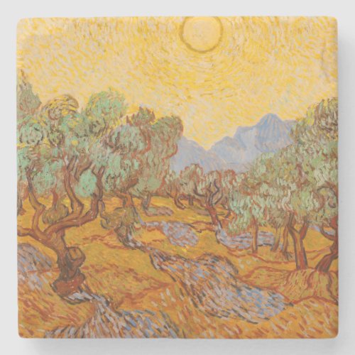 Van Gogh Olive Trees Yellow Sun Sky Stone Coaster