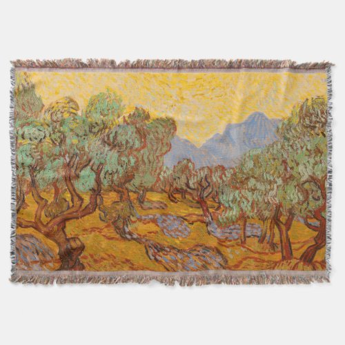 Van Gogh Olive Trees Yellow Sun Sky Throw Blanket