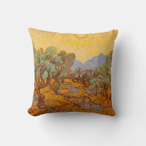 Van Gogh Olive Trees Yellow Sun Sky Throw Pillow