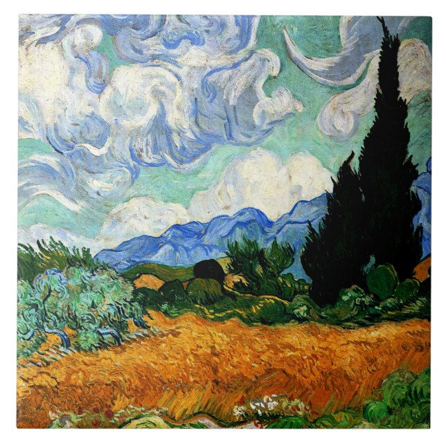 Van Gogh painting, Wheatfield with Cypress Tree Ceramic Tile (Front)