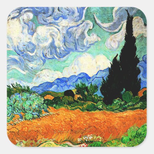 Van Gogh painting Wheatfield with Cypress Tree  Square Sticker