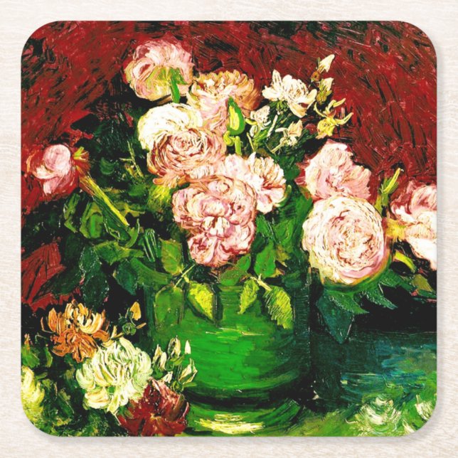 Van Gogh Peonies and Roses Square Paper Coaster (Front)