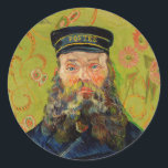 Van Gogh Postman. Portrait impressionism art Classic Round Sticker<br><div class="desc">Van Gogh "The Postman (Joseph Roulin)" sticker. Yellow portrait impressionism art.</div>