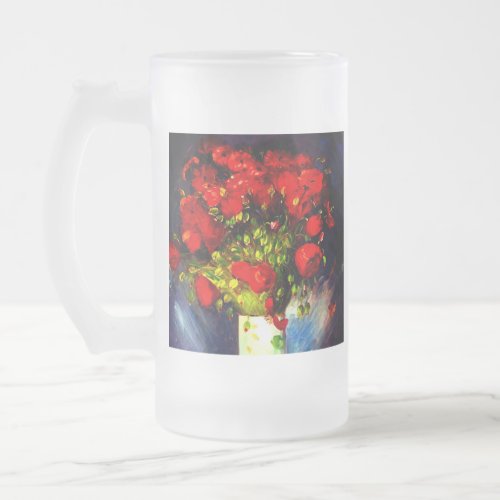 Van Gogh Red Poppies Frosted Glass Beer Mug