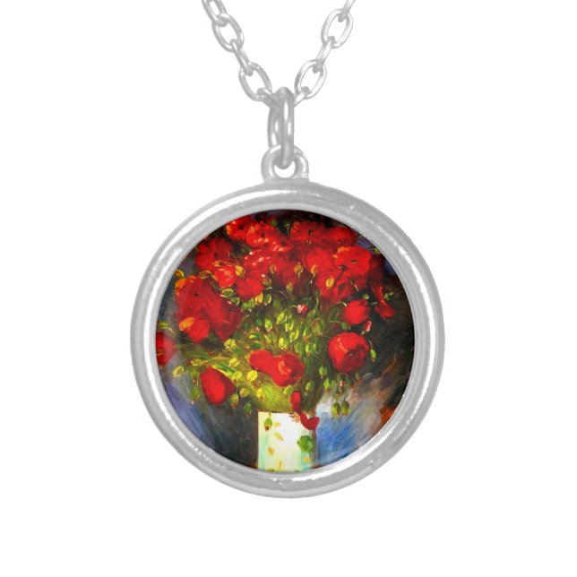 Van Gogh Red Poppies Silver Plated Necklace (Front)
