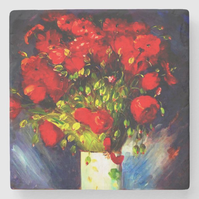 Van Gogh Red Poppies Stone Coaster (Front)