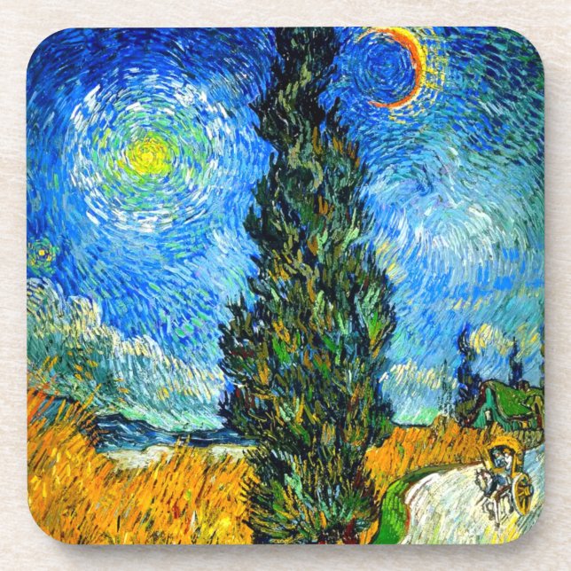 Van Gogh Road with Cypress and Star Beverage Coaster (Front)