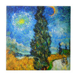 Van Gogh Road with Cypress and Star Ceramic Tile<br><div class="desc">Ceramic Tile featuring Vincent van Gogh’s oil painting Road with Cypress and Star (1890), also known as Country Road in Provence by Night. People walk along a road passing a beautiful cypress tree underneath a blue night sky with yellow moon and stars. A fantastic gift for fans of Post-Impressionism and...</div>