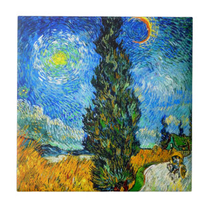 Van Gogh Road with Cypress and Star Ceramic Tile