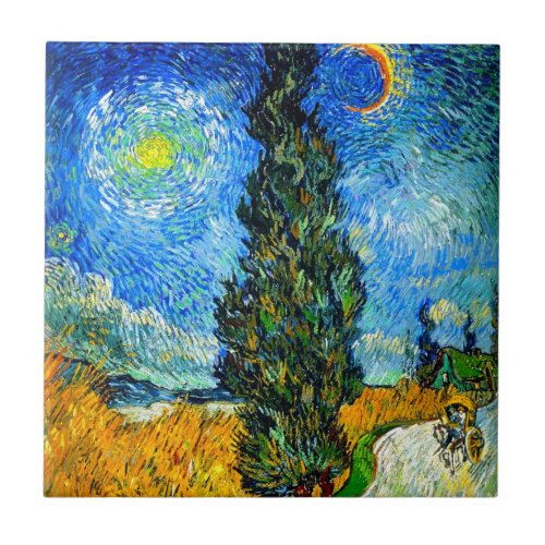Van Gogh Road with Cypress and Star Ceramic Tile