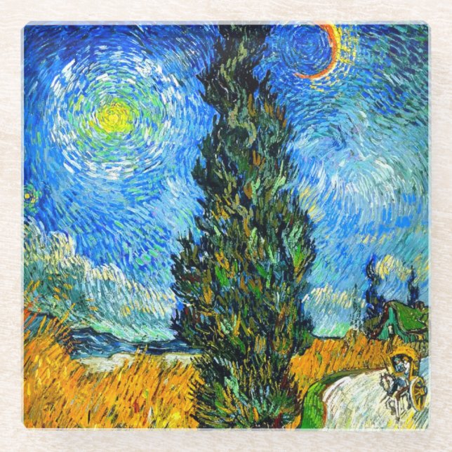 Van Gogh Road with Cypress and Star Glass Coaster (Front)